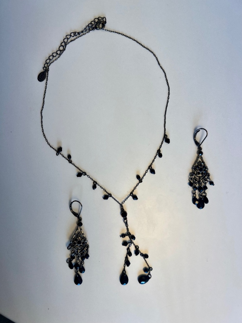 Vintage Y Necklace Black Faceted Beaded Chain Lobster Clasp